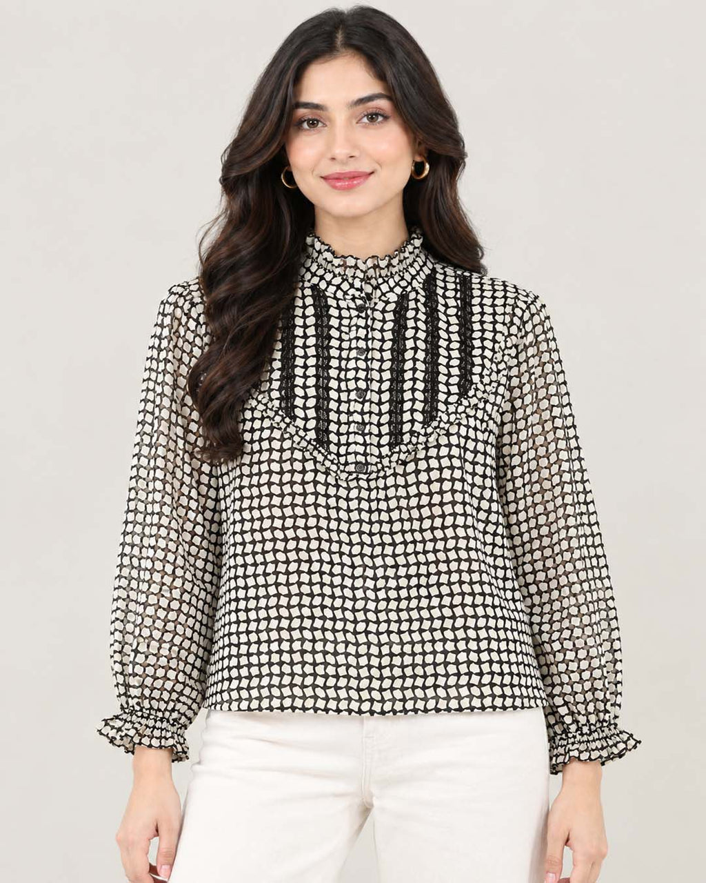 Patterned Long-Sleeve Top Match Outfits By Gohar