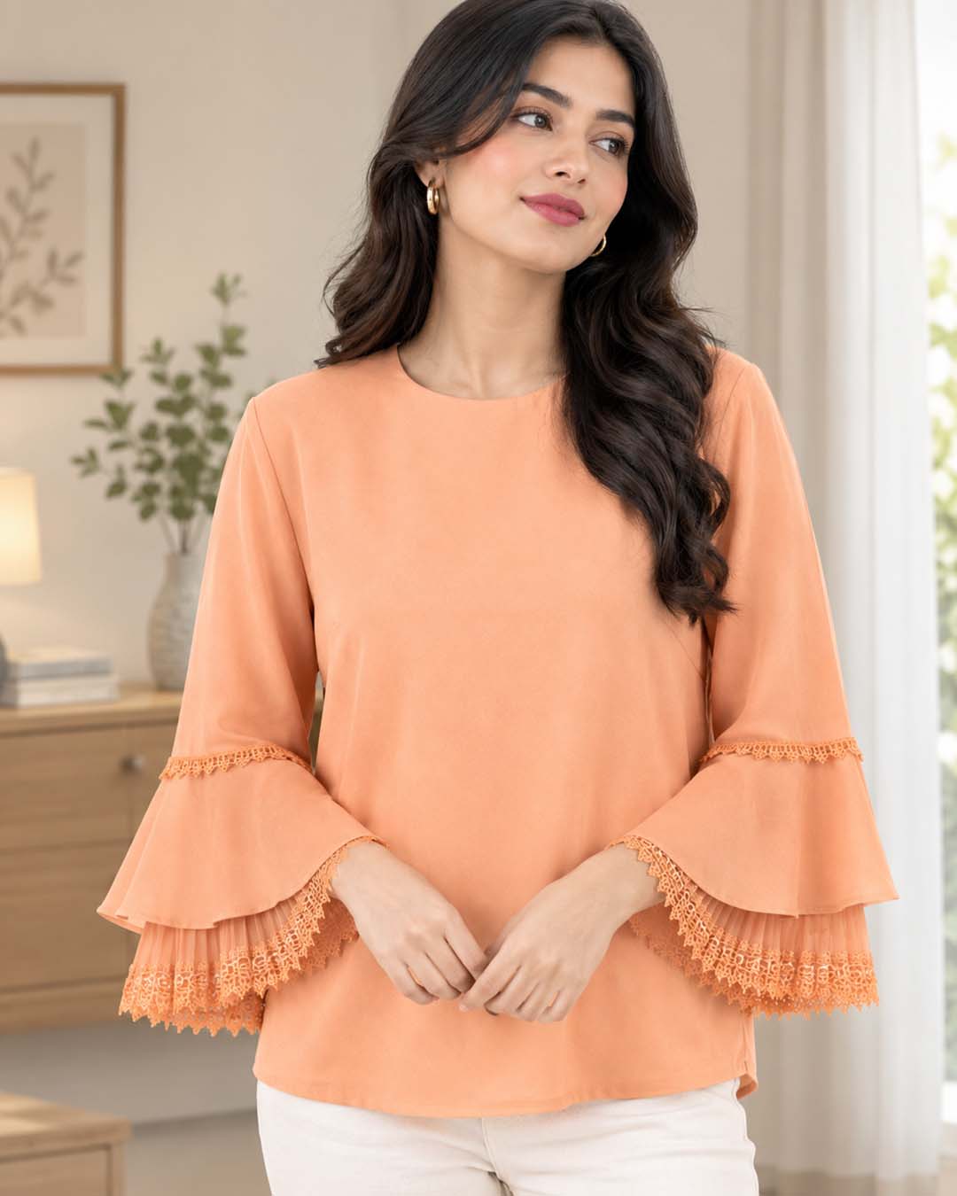 Women Peach Color Short Top Match Outfits By Gohar